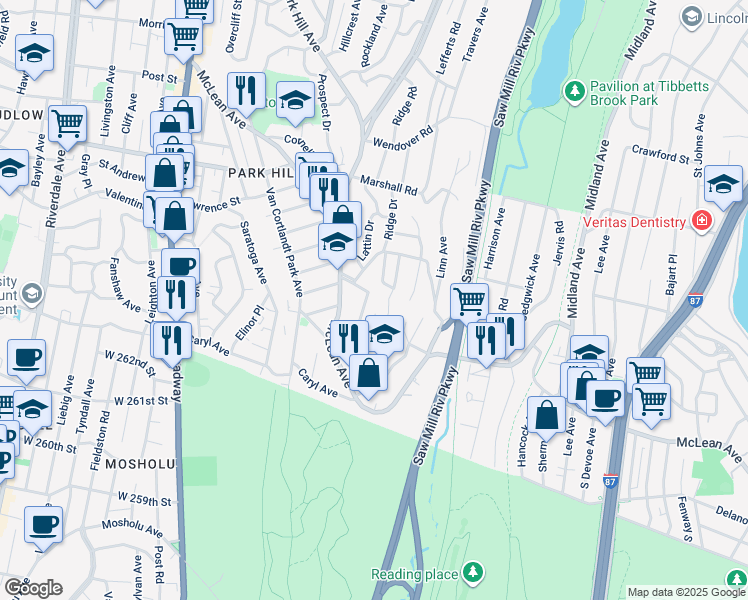 map of restaurants, bars, coffee shops, grocery stores, and more near 90 Courter Avenue in Yonkers