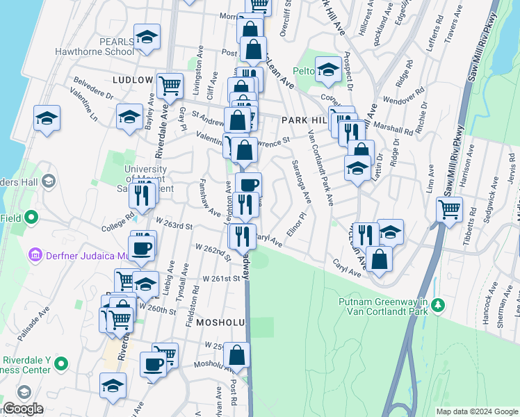 map of restaurants, bars, coffee shops, grocery stores, and more near 143 Bruce Avenue in Yonkers