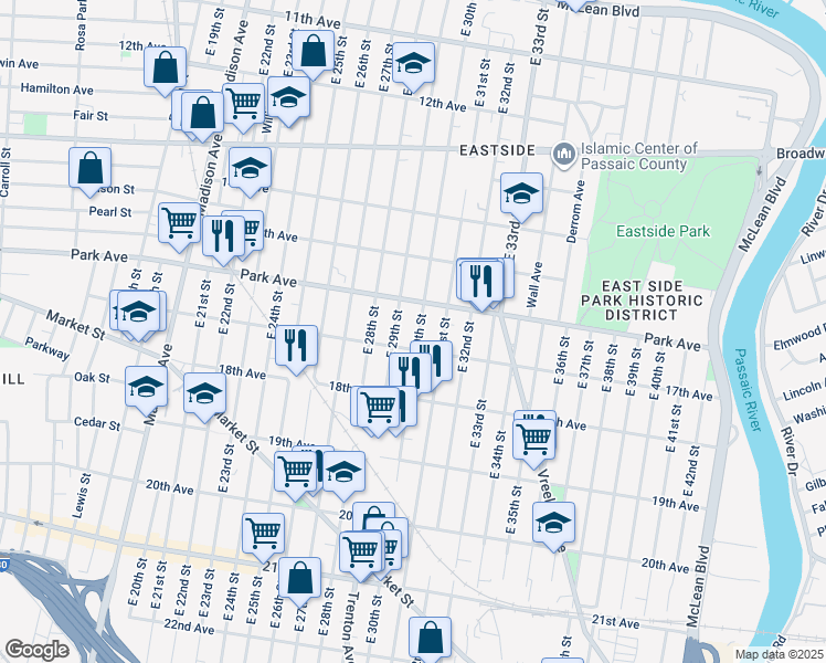 map of restaurants, bars, coffee shops, grocery stores, and more near 261 17th Avenue in Paterson