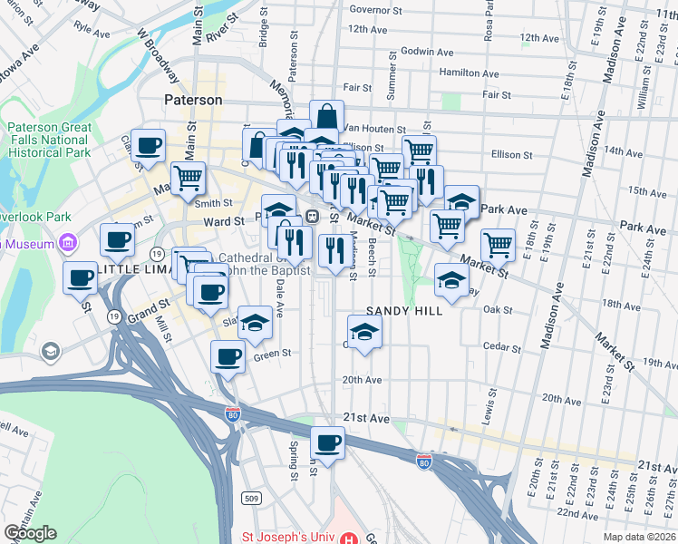 map of restaurants, bars, coffee shops, grocery stores, and more near 343 Straight Street in Paterson