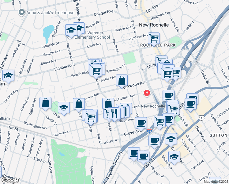 map of restaurants, bars, coffee shops, grocery stores, and more near 160 Lockwood Avenue in New Rochelle