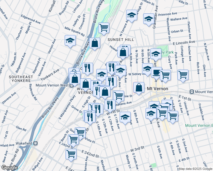 map of restaurants, bars, coffee shops, grocery stores, and more near 33 North Bleeker Street in Mount Vernon