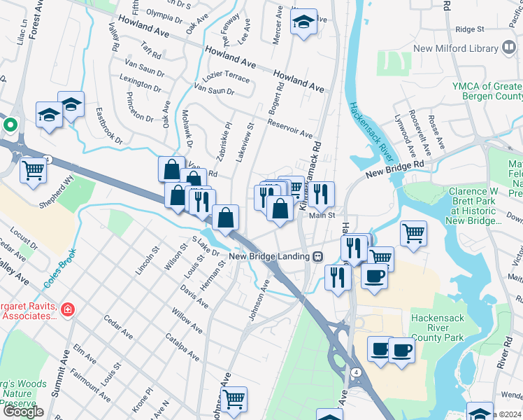 map of restaurants, bars, coffee shops, grocery stores, and more near 100 Bogert Road in River Edge
