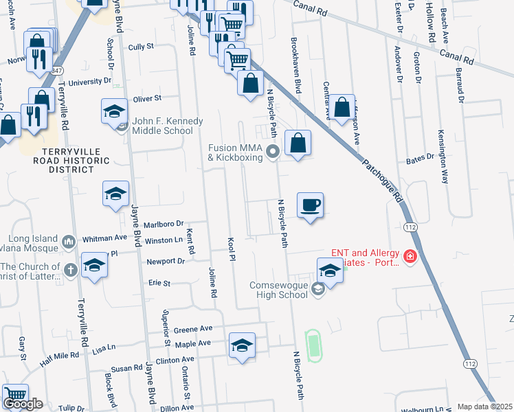 map of restaurants, bars, coffee shops, grocery stores, and more near 588 North Bicycle Path in Port Jefferson Station