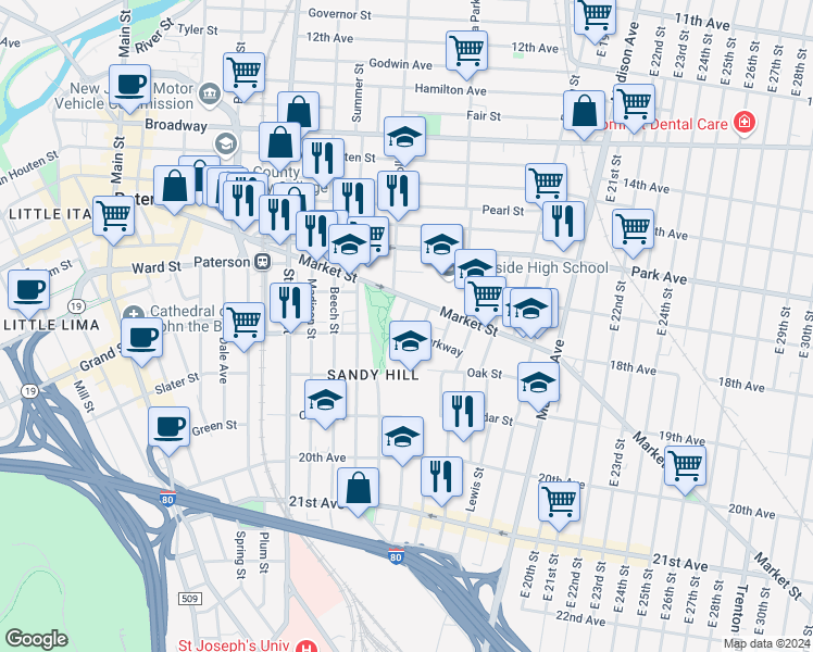 map of restaurants, bars, coffee shops, grocery stores, and more near 21 Rose Street in Paterson
