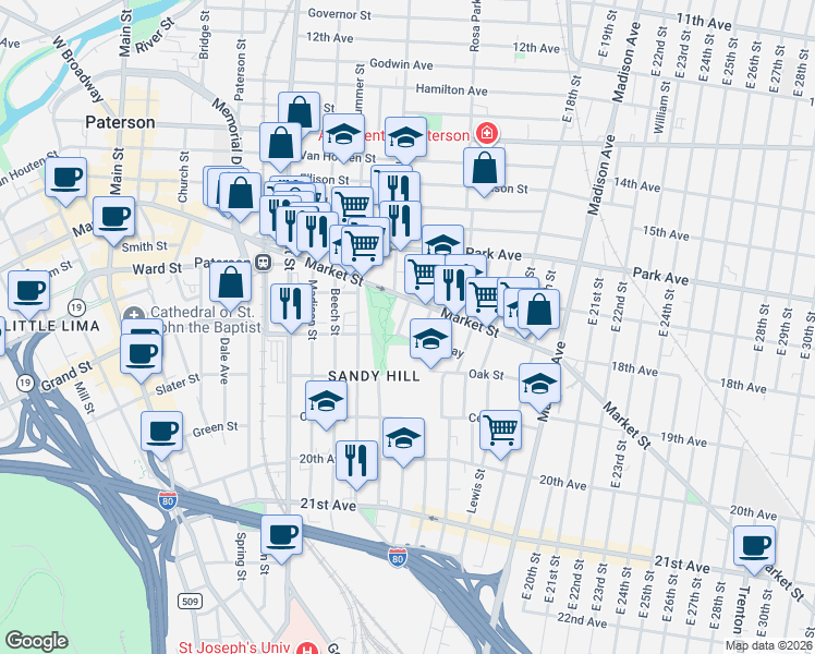 map of restaurants, bars, coffee shops, grocery stores, and more near 30 Seeley Street in Paterson