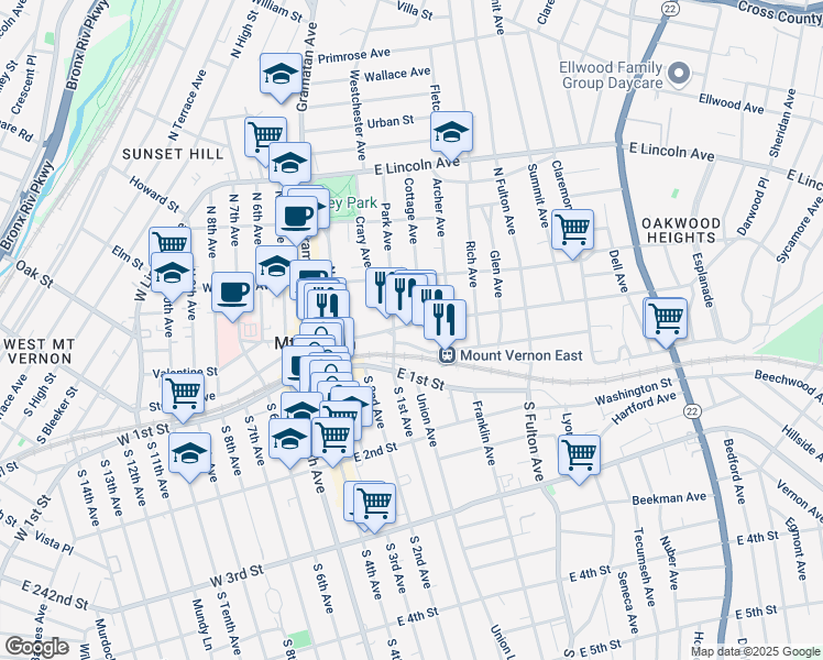 map of restaurants, bars, coffee shops, grocery stores, and more near 19 Elm Avenue in Mount Vernon
