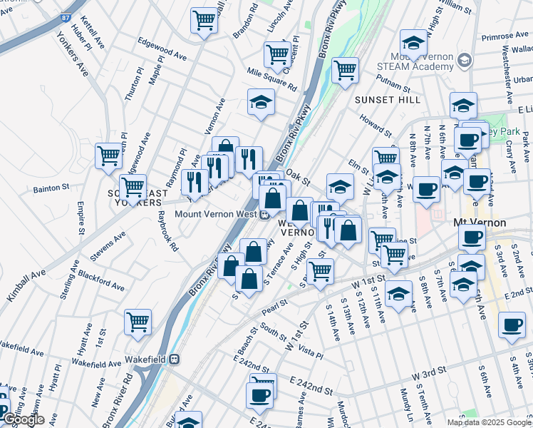 map of restaurants, bars, coffee shops, grocery stores, and more near in Mount Vernon