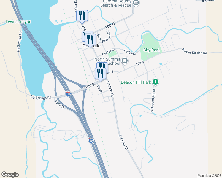 map of restaurants, bars, coffee shops, grocery stores, and more near 1 150 South in Coalville