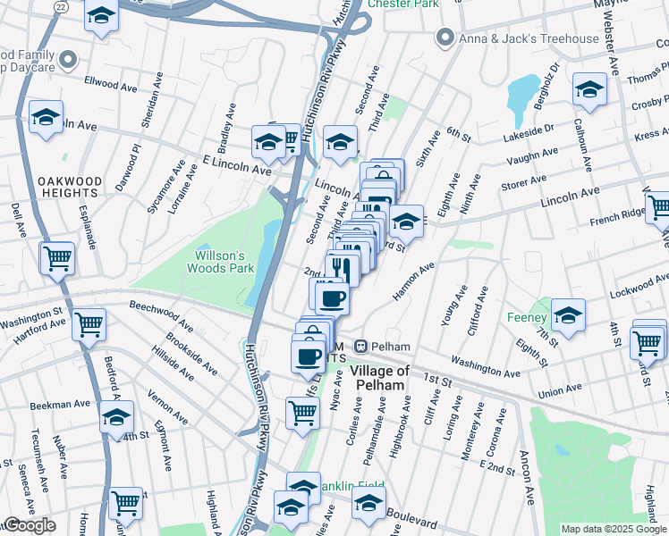 map of restaurants, bars, coffee shops, grocery stores, and more near 70 2nd Street in Village of Pelham