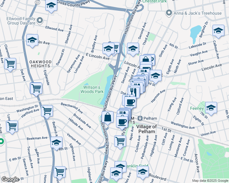 map of restaurants, bars, coffee shops, grocery stores, and more near 32 Second Avenue in Village of Pelham