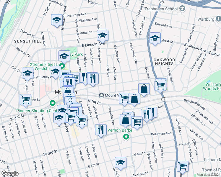 map of restaurants, bars, coffee shops, grocery stores, and more near 1 East 1st Street in Mount Vernon
