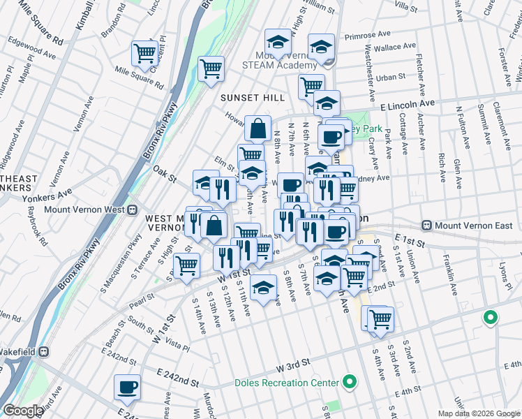 map of restaurants, bars, coffee shops, grocery stores, and more near 20 North 9th Avenue in Mount Vernon