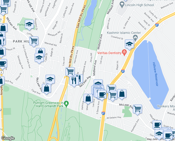 map of restaurants, bars, coffee shops, grocery stores, and more near 26 Jervis Road in Yonkers