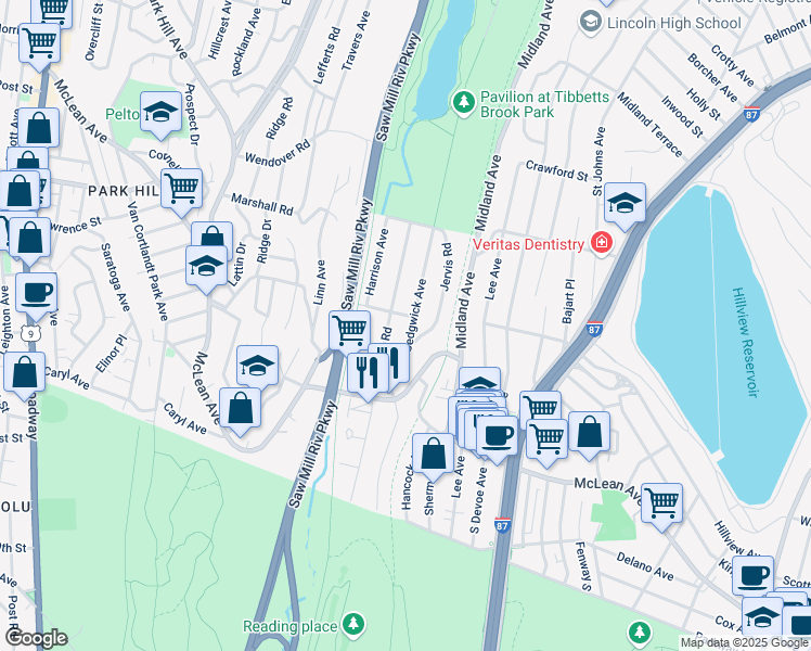 map of restaurants, bars, coffee shops, grocery stores, and more near 140 Tibbetts Road in Yonkers