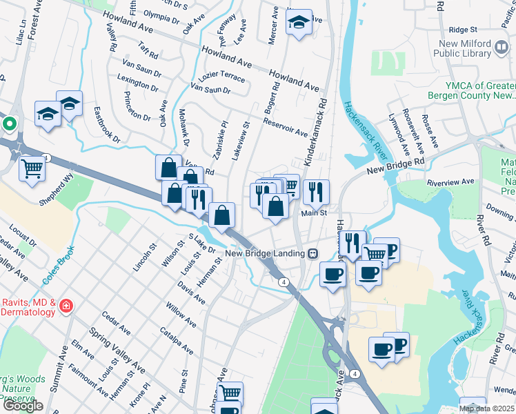 map of restaurants, bars, coffee shops, grocery stores, and more near 1021 Main Street in River Edge