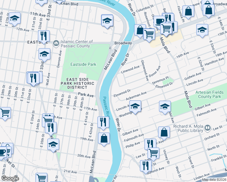 map of restaurants, bars, coffee shops, grocery stores, and more near 15 Elmwood Drive in Elmwood Park