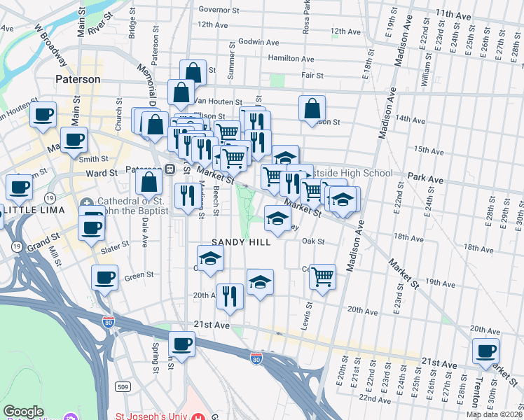 map of restaurants, bars, coffee shops, grocery stores, and more near 30 Seeley Street in Paterson
