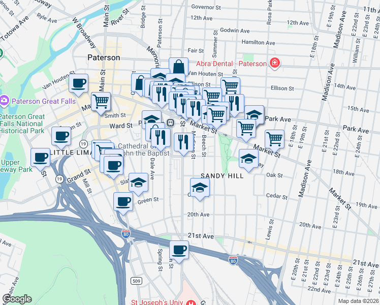 map of restaurants, bars, coffee shops, grocery stores, and more near 343 Straight Street in Paterson
