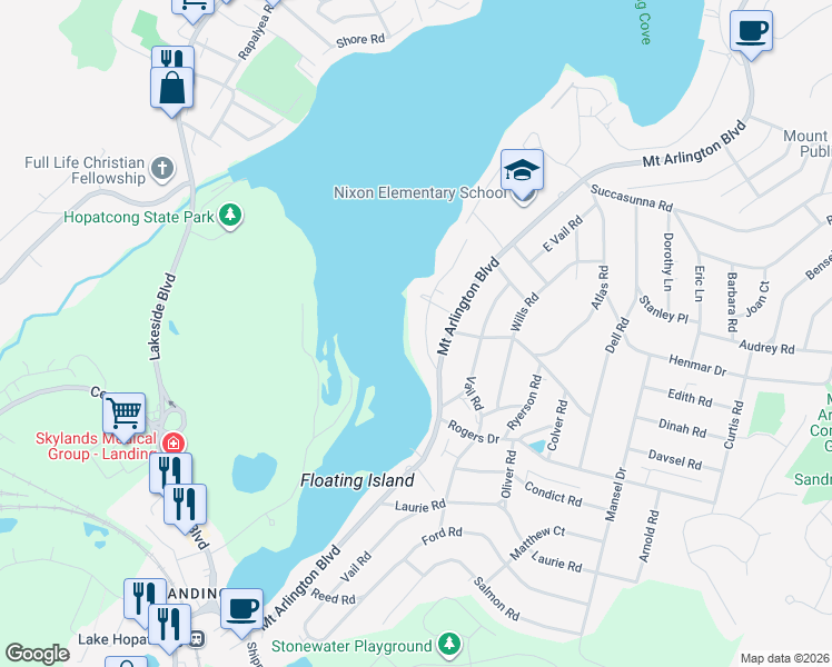 map of restaurants, bars, coffee shops, grocery stores, and more near 7 Silver Springs Drive in Roxbury Township