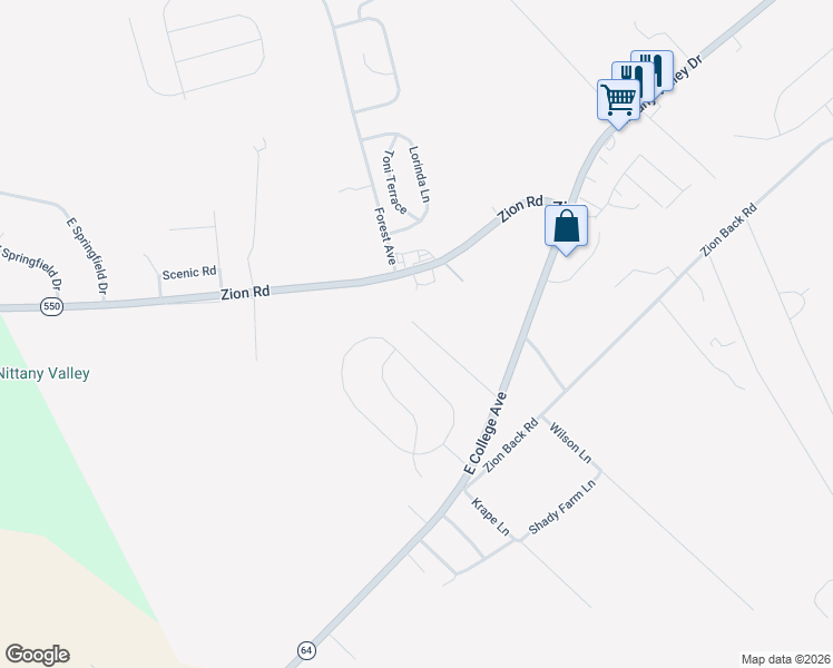 map of restaurants, bars, coffee shops, grocery stores, and more near 183 Meadow Ln in Bellefonte
