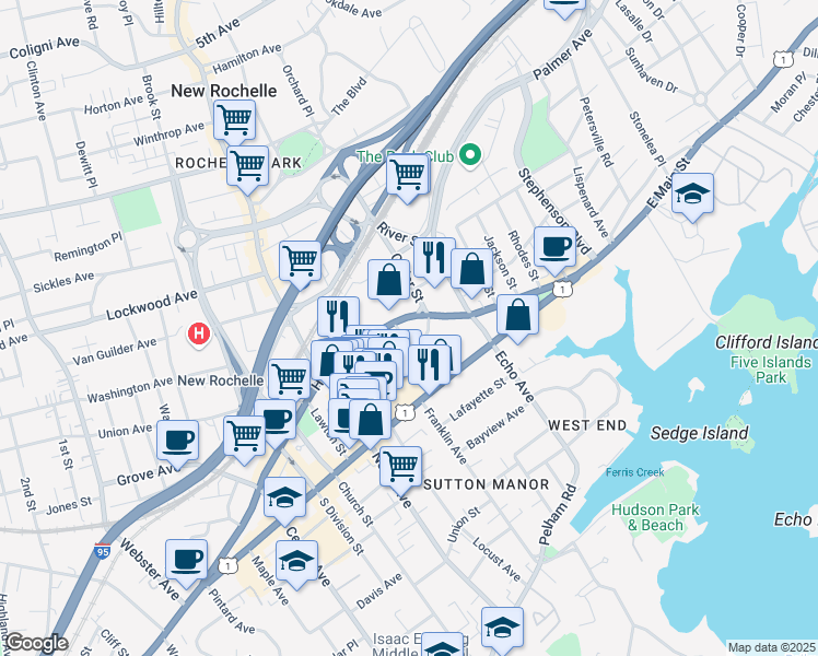 map of restaurants, bars, coffee shops, grocery stores, and more near 65 Harrison Street in New Rochelle