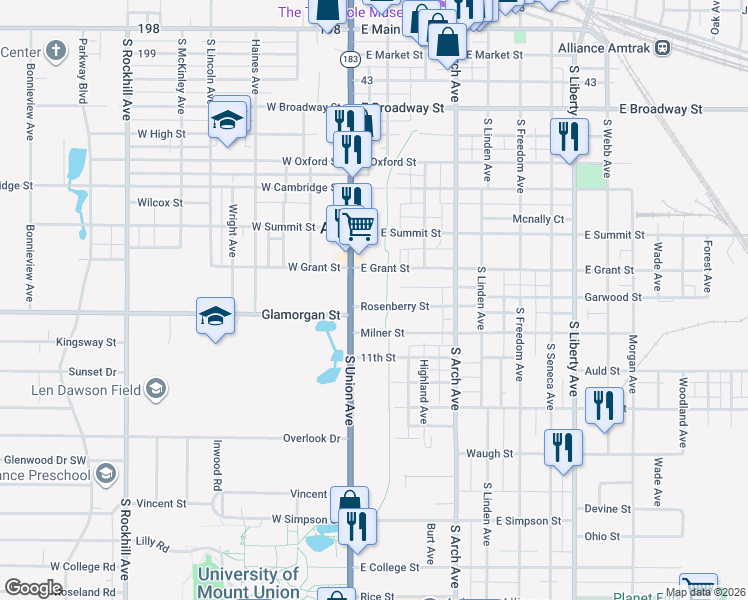 map of restaurants, bars, coffee shops, grocery stores, and more near 906 South Union Avenue in Alliance