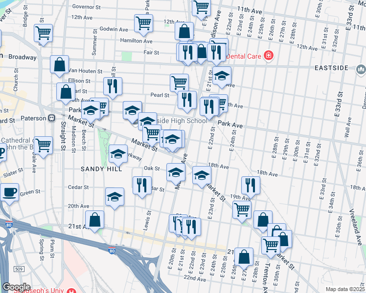 map of restaurants, bars, coffee shops, grocery stores, and more near 829 Madison Avenue in Paterson