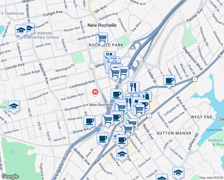 map of restaurants, bars, coffee shops, grocery stores, and more near 20 Burling Lane in New Rochelle