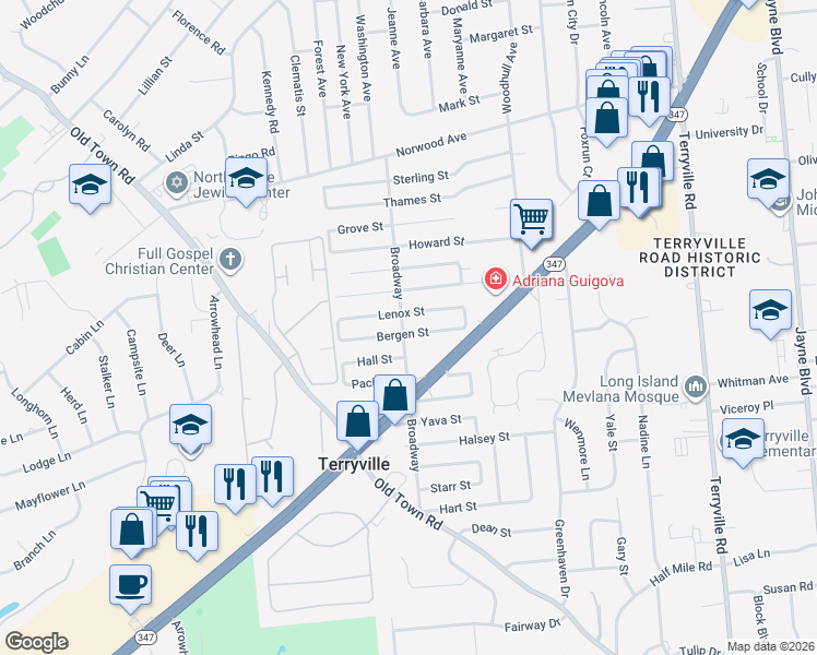 map of restaurants, bars, coffee shops, grocery stores, and more near 373 Broadway in Port Jefferson Station