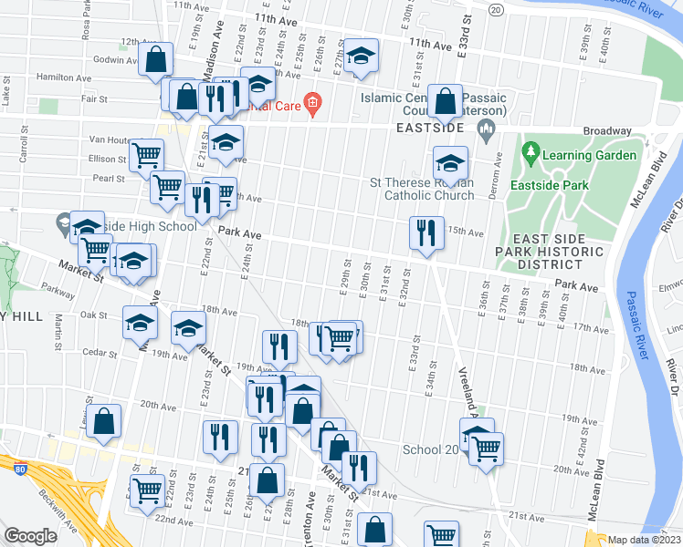 map of restaurants, bars, coffee shops, grocery stores, and more near 670 East 29th Street in Paterson