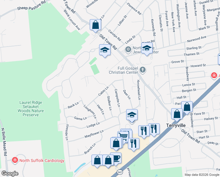 map of restaurants, bars, coffee shops, grocery stores, and more near 16 Campsite Lane in Setauket- East Setauket