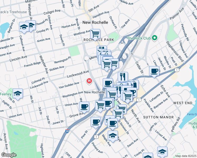 map of restaurants, bars, coffee shops, grocery stores, and more near 70 Grand Street in New Rochelle