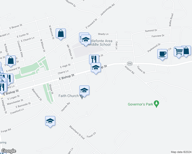 map of restaurants, bars, coffee shops, grocery stores, and more near 830 East Bishop Street in Bellefonte