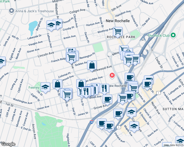 map of restaurants, bars, coffee shops, grocery stores, and more near 123 Van Guilder Avenue in New Rochelle