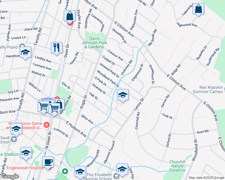 map of restaurants, bars, coffee shops, grocery stores, and more near South Park Drive in Tenafly