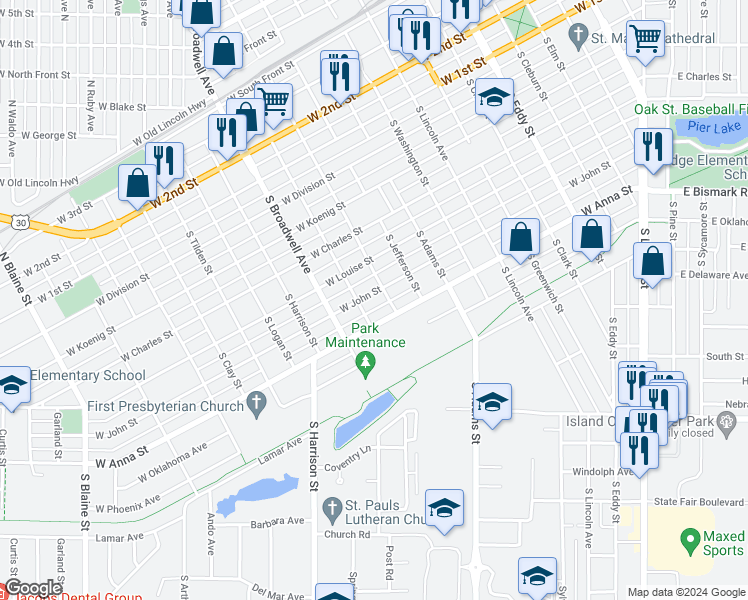map of restaurants, bars, coffee shops, grocery stores, and more near 1515 West John Street in Grand Island