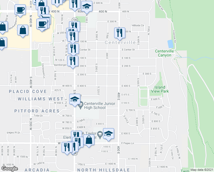 map of restaurants, bars, coffee shops, grocery stores, and more near East 400 South in Centerville