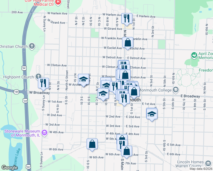 map of restaurants, bars, coffee shops, grocery stores, and more near 198 N B St in Monmouth