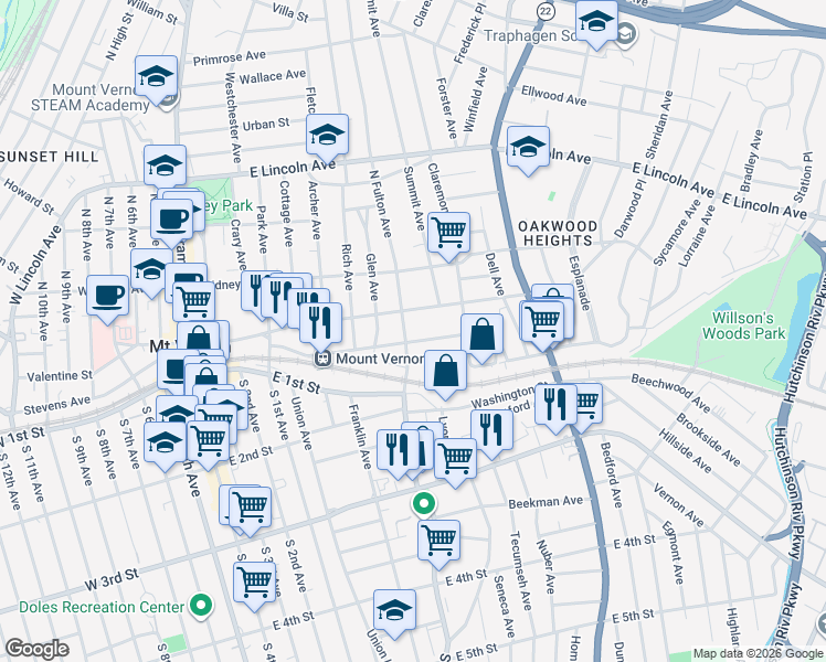 map of restaurants, bars, coffee shops, grocery stores, and more near 41 North Fulton Avenue in Mount Vernon