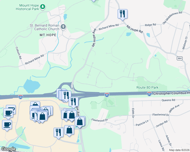 map of restaurants, bars, coffee shops, grocery stores, and more near 4306 Cleveland Lane in Rockaway