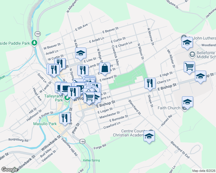 map of restaurants, bars, coffee shops, grocery stores, and more near 107 South Ridge Street in Bellefonte