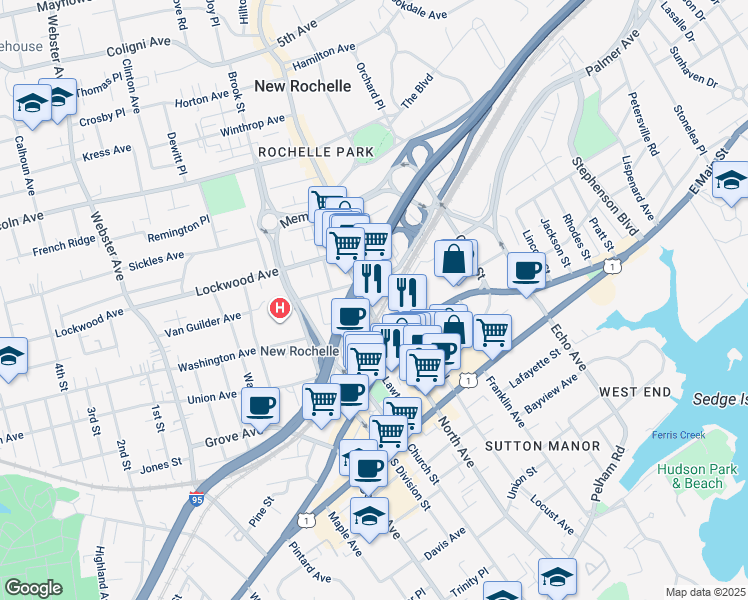 map of restaurants, bars, coffee shops, grocery stores, and more near 28 Station Plaza North in New Rochelle