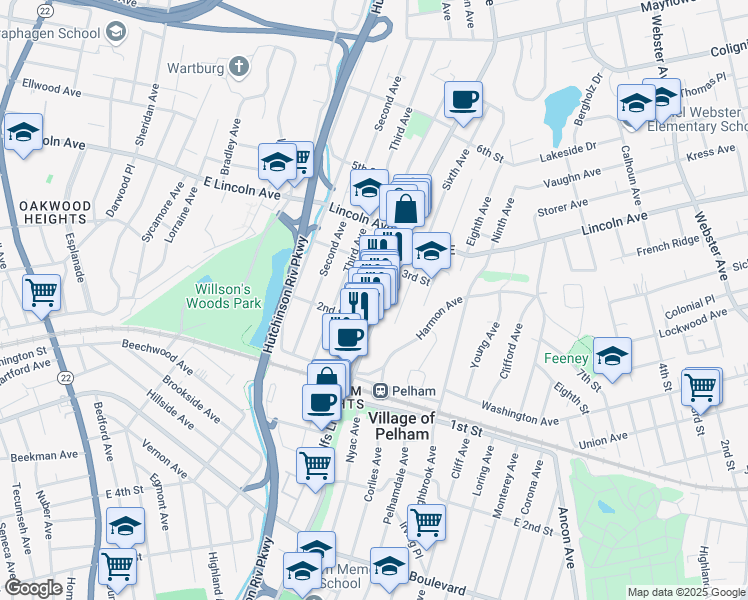 map of restaurants, bars, coffee shops, grocery stores, and more near 108 Fifth Avenue in Village of Pelham