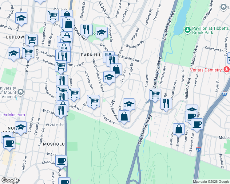 map of restaurants, bars, coffee shops, grocery stores, and more near 233 McLean Avenue in Yonkers