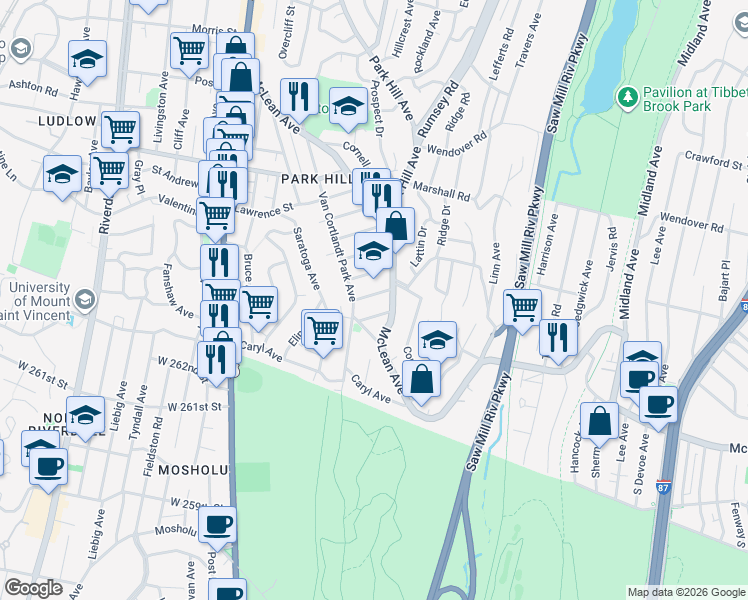 map of restaurants, bars, coffee shops, grocery stores, and more near 233 McLean Avenue in Yonkers