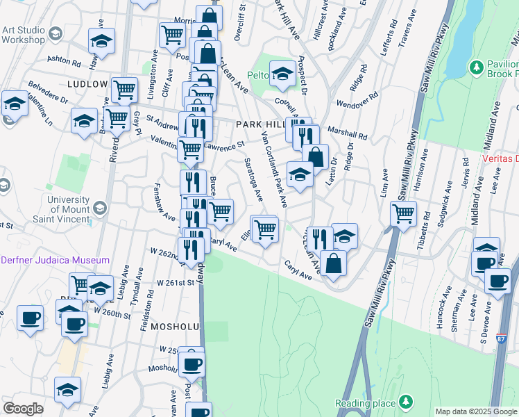 map of restaurants, bars, coffee shops, grocery stores, and more near 20 Elinor Place in Yonkers