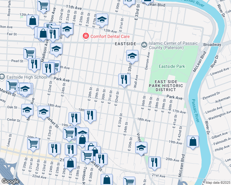 map of restaurants, bars, coffee shops, grocery stores, and more near 340 East 33rd Street in Paterson