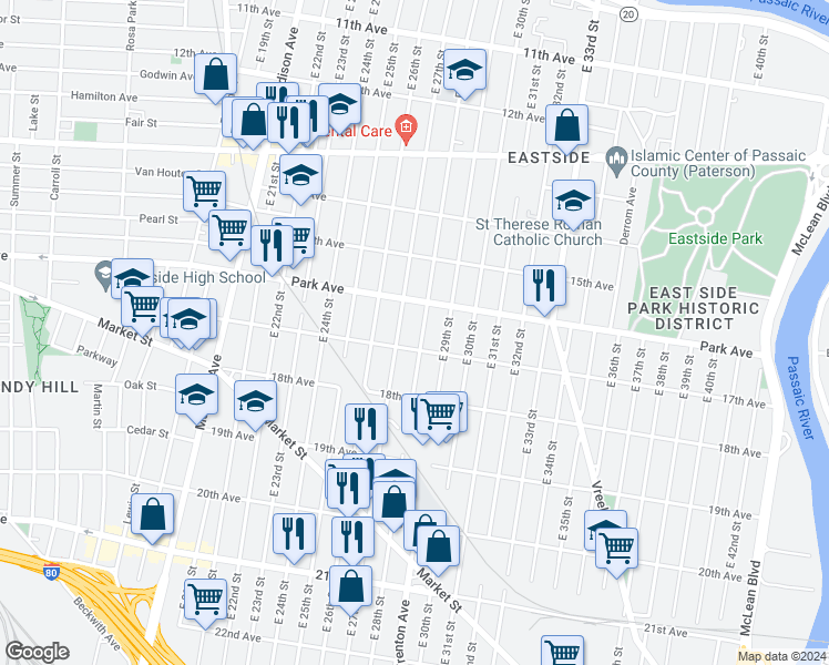 map of restaurants, bars, coffee shops, grocery stores, and more near 230 17th Avenue in Paterson