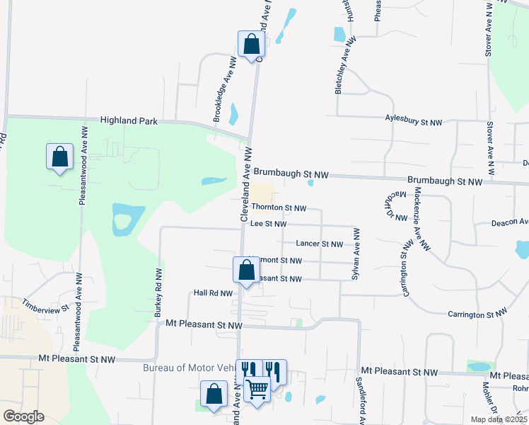 map of restaurants, bars, coffee shops, grocery stores, and more near 3144 Lee Street Northwest in North Canton